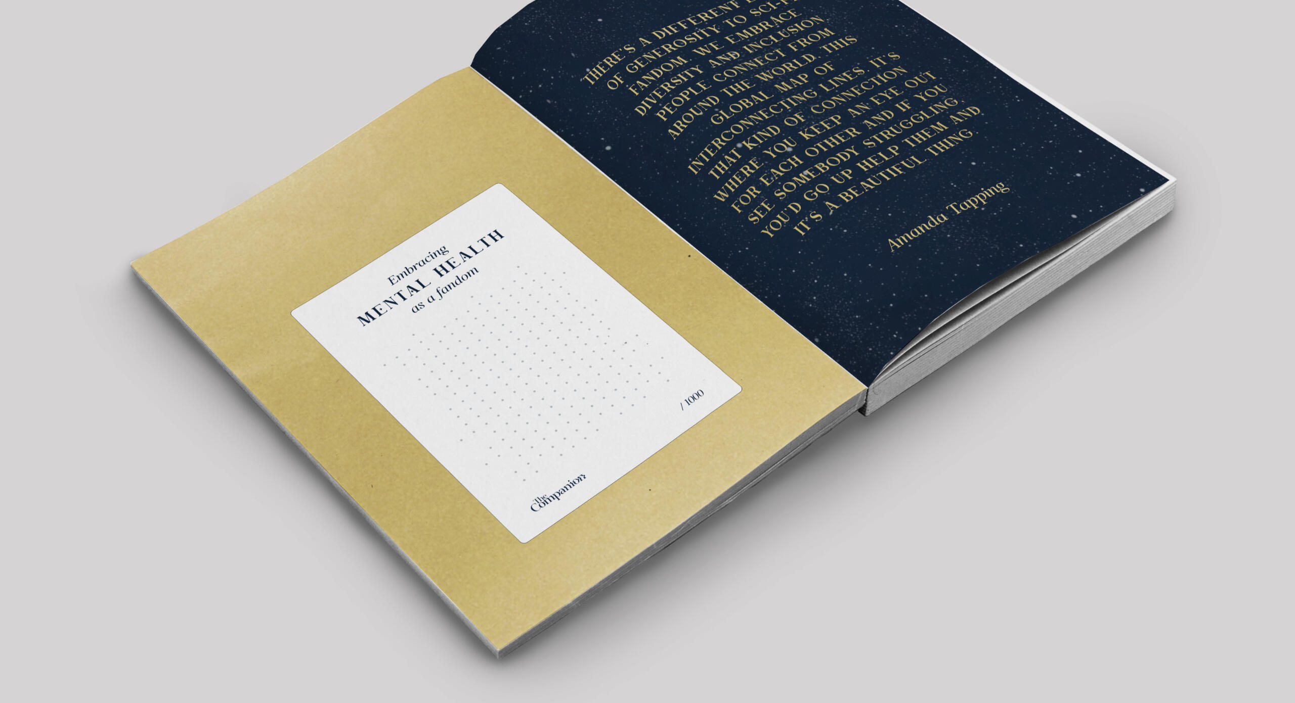 A mockup of our mental health book that shows a bookplate and quote from Amanda Tapping.